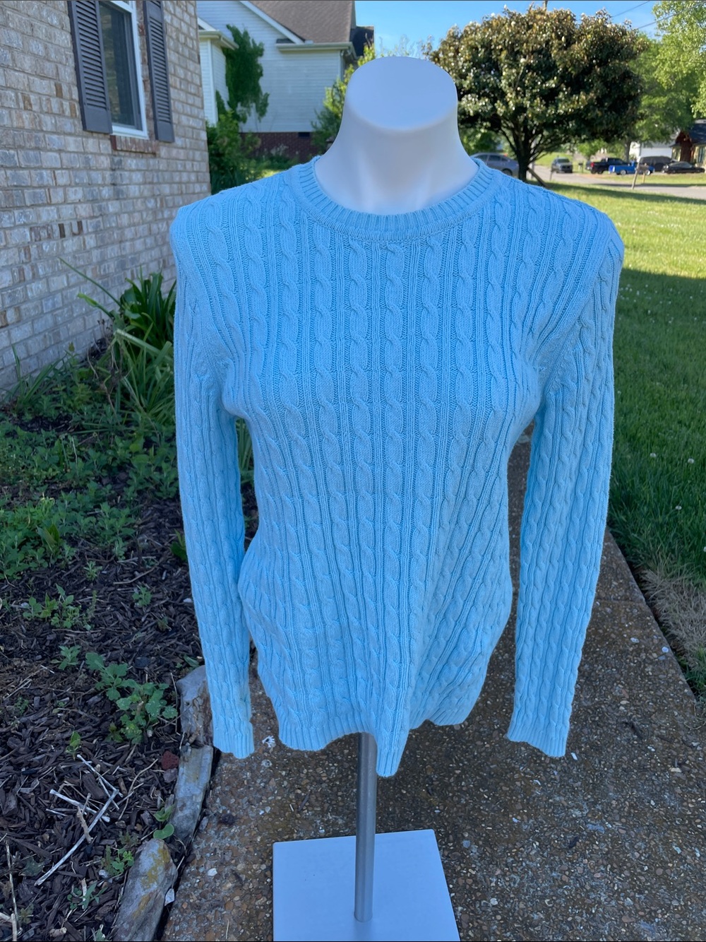 Women’s Light Blue Cable Knit Crewneck Sweater